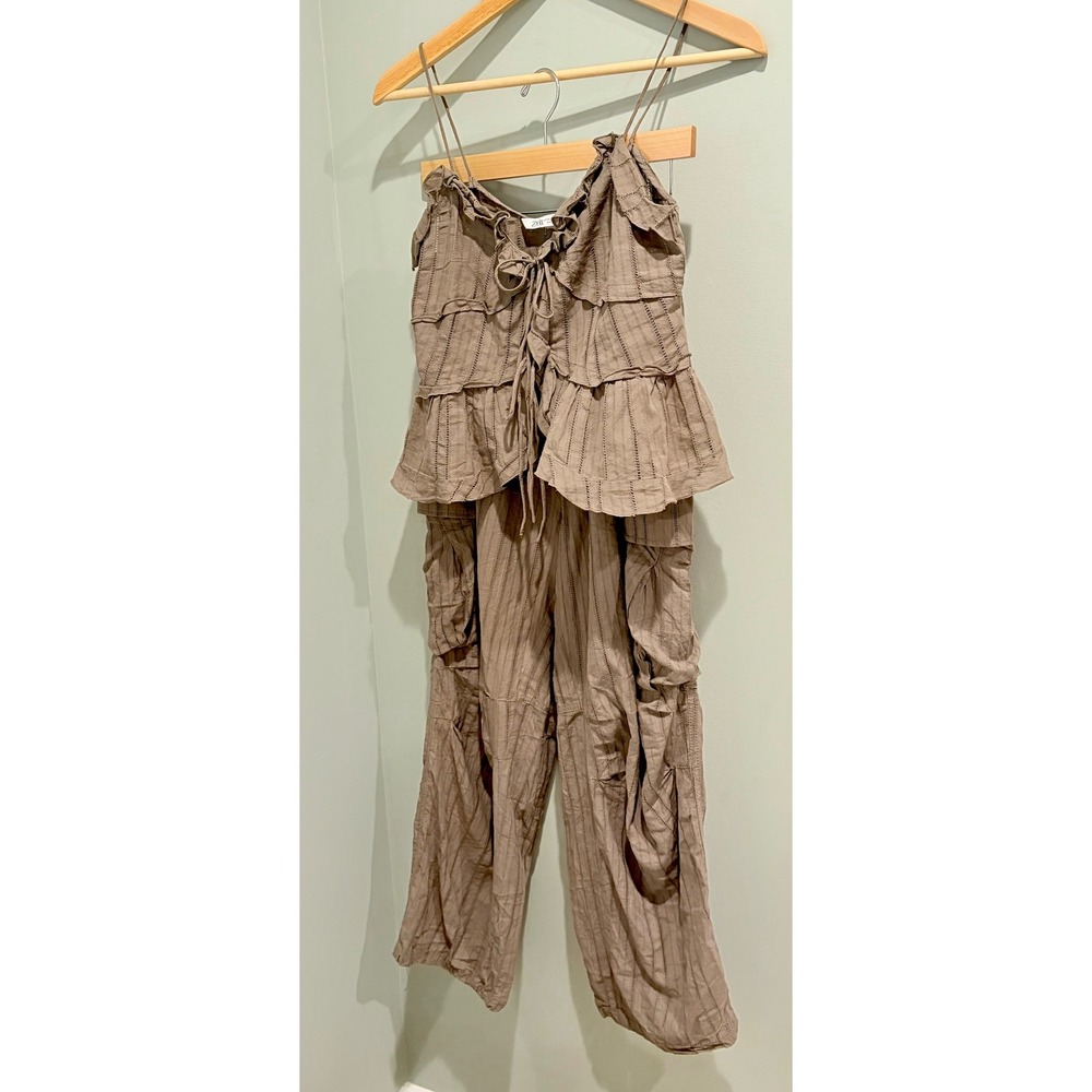 Zara Two Piece Set Ruffle Peplum‎ Cami Top Cargo Pants Taupe Brown XS - Picture 5 of 11